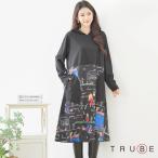 ワンピース イラストプリント フーディーワンピース【M~L】 ブラック 春秋冬