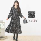 ワンピース　モノトーン幾何学模様 ウエストドロスト プリーツワンピース(L~LL) ブラック