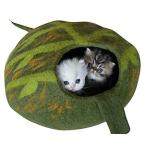 Cat Cave Bed, Unique Green Handmade Felted Merino Wool, Large Covered and C