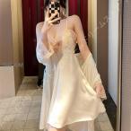 ネグリジェ ワンピース ロング ランジェリー キャミソール レース サテン スリップ ドレス ルームウェア 姫  前開き シースルー レディース 春 可愛い
