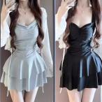 夏 水着 体型カバー ワンピース オールインワン ボレロ 2点セット レディース 2way 長袖 トップス フリル フロントクロス ウエストマーク パンツ裏地パッド付