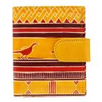 (リニューアル)山羊革 二つ折り財布ワイドベルト 鳥アジアン柄（マスタード）（メール便対応）