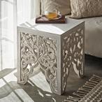 サイド テーブル インド ホワイト ウォッシュ ナイト ソファ オブジェ 透かし彫り レリーフ カービング 家具 おしゃれ 北欧 リゾート エスニック アジアン 34578