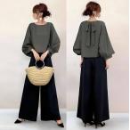 セットアップ レディース 春服 夏服 ブラウス 丸首 八分袖 パフスリーブ ショート丈 リボン ワイドパンツ ゴム ハイウエスト 大人 40代50代 上下セット 無地
