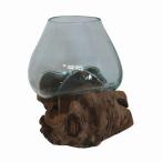 溶けたガラス＆天然木 の花瓶 フラワーベース Mサイズ 流木風 睡蓮鉢 すいれん鉢 金魚鉢 めだか鉢 メダカ鉢 バリガラス 090473