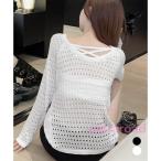 透かし編みトップス バッククロス�