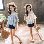 子供服 セットアップ キッズ 女の子 韓国子供服 上下セット 2点セット トップス 半袖 Tシャツ シフォン ショートパンツ 短パン デニム 春夏 通学着 通園着