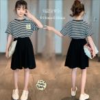 子供服 セットアップ 夏服 切り替え キッズ 女の子 上下セット 半袖Tシャツ+ショーツ 2点セット 可愛い ストライプ柄 お出かけ 通学 デイリー ブラック 110-160