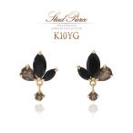 オニキスピアススモーキークォーツレディース10KイエローゴールドK1010...