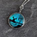 イギリスアンティーク　モルフォ蝶　バタフライウィング　風車と湖畔　シルバー　ネックレス