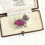 イギリスヴィンテージ　ピンクルビー　テリア　シルバー　ブローチ