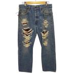 USED古着(ユーズドフルギ) グランジ チェック リペア ボタンフライ デニム パンツ 脇割 メンズ 表 中古 古着 0425