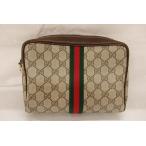 グッチ GUCCI オールドグッチ ポーチ 化粧ポーチ ベージュ GG ウェビング シェリー ブラウン 茶 PVC×レザー【中古】bk2760