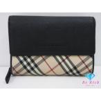 ショッピングBURBERRY バーバリー BURBERRY 三つ折り財布 小銭入れ 黒 ブラック ノバ チェック キャンバス レザー ロゴ ミディアム【中古】 bs4007