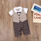 ベビーロンパース 子供服 カバーオール セットアップ風 フォーマルスーツ 蝶ネクタイ M＆K（株） チェック 重ね着風 男の子 つなぎ ベスト