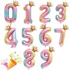 huaqiguo バルーン 数字 バルーン 大きい 0-9 虹色風 船バルーン ナンバー グラデーション 誕生日飾り 王冠 飾り付け アルミ風船 32