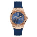 GUESS Women's Stainless Steel + Stain Resistant Silicone Watch with Day + Date Functions ステンレススチール シリコンウォッチ付き (Blue/Rose Gold)