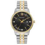 Bulova メンズ ドレスクラシック 41mm 腕時計 ダイヤモンド3石 ブラックダイヤル ツートーンステンレス 3針カレンダー 30m防水