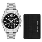 Michael Kors Lexington メンズ腕時計 44mm クロノグラフ ブラックダイヤル ステンレススチール カードケース付きギフトセット