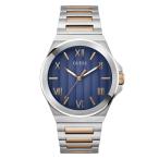 GUESS シルバーとローズゴールド調のアナログ腕時計。, ブルー, 44mm, ビニール。
