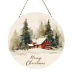 Red House In The Snow Christmas Wooden Welcome Sign For Front Door,12 Inch Round Hanging Wall Sign Plaque Farmhouse Decorations