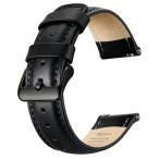JNN 本革腕時計バンド 18mm クイックリリース ブラック×ブラックバックル Garmin / Fossil / Huawei 対応