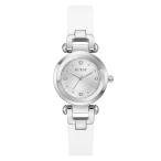 Guess Ladies 30mm Stainless Steel Silver White Dial Stone Quartz Mineral Glass Hardened Watch 3ATM White Leather Strap GW1020L1