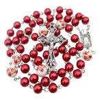 【並行輸入品】Nazareth Store レッドパールビーズ ロザリオ ホワイトフラワービーズネックレス ルルドメダル&十字架, 2XL, ガ