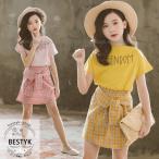 夏服 女の子服 子ども服 子供服 2点セット 女の子 半Ｔシャツ チェックスカート チェック柄 キッズ セットアップ 上下セット オシャレ 新作 110 - 160cm
