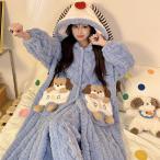 バスローブ レディース もこもこ 厚手 裏起毛 セットアップ クマ パジャマ 秋冬 ミモレ丈 ルームウェア タオル地  2点セット ふわふわ 部屋着 母の日 秋 冬