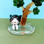 ガラス細工　お座りネコ（L)　ハチワレ　ミニチュア　雑貨　置物　小物　猫