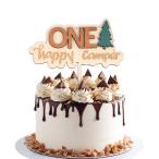 ショッピングバースデーケーキ ファーストバースデーケーキトッパー、木製カップケーキトッパー、1歳の誕生日パーティーデコレーションナンバーケーキフォト小道具ハッピーキャンパーパーティ