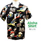 【barcedos moderate】  レーヨン　アロハシャツ　ブラック　M,L,LL　半袖　開襟　アミューズメントパーク　観覧車　スタジアム　ブリッジ　メンズ