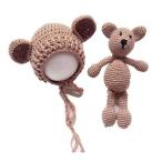 MINORIX 赤ちゃん ニット帽 ぬいぐるみ 2点セット 0〜3か月用 帽子 撮影 出産祝い ニューボーンフォト ベビー (くま・ブラウン)