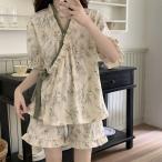 パジャマ Vネック 甚平 レディース ナイトウェア ショットパンツ おしゃれ ルームウェア 半袖 夏 上下セット 花柄 浴衣柄 春 寝巻き 部屋着 柔らかい