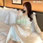 ネグリジェ ワンピース パジャマ ルームウェア レディース 女性 サテン調 ロング丈 長袖 ベルスリーブ 襟付き リボン レース シンプル 大きいサイ