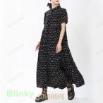 ワンピース ドット ロング 夏 ドット ワンピース 水玉 ドット柄ワンピース シャツ フレアワンピース ティアード ゆったり 体型カバー 半袖 水玉 おしゃれ カジュ