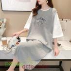 tシャツ Tシャツ レディース 新作 カットソー 丸首 半袖 重ね着 レイヤード風 ロングトップス 膝下丈 ワンピース プリント 可愛い きれいめ おしゃれ フレア 夏