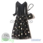 ショッピング水玉 ワンピース ドッキングワンピ 水玉 長袖 Vネック シフォン ニット ブラック クラシカル 細見え デート ママ フェミニン 清楚 ママスタイル 上品