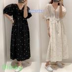 ワンピース レディース 40代 マキシワンピース 春夏半袖ワンピース 花柄パフスリーブ Vネック ロング丈フレアスカート オシャレ お出かけ 大人 30代 ゆったり