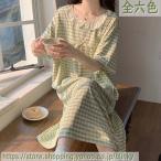 新作 ネグリジェ レディース パジャマ ワンピース 半袖 膝丈 綿 ルームウェア 寝間着 チェック柄 ゆったり 快適 薄手 レース リボン 夏 可愛い