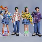 ダンス衣装 ヒップホップ  白Tシャツ  葉し柄 シャツ デニムパンツ スカート へそ出し キッズ ガールズ 男の子 セットアップ 派手 K-POP 韓国 ステージ衣装 応援