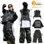 キッズ ダンス 衣装 ヒップホップ プリントトップス パンツ 迷彩 カモフラ ベストセット 個性派 セットアップ おしゃれ ステージ衣装 イベント発表会 派手 ダン