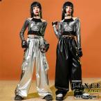 女の子 ダンス衣装 ブラック レザーパンツ 光沢 シルバー 黒 韓国 KPOP ジャズ 可愛い へそ出し トップス カーゴパンツ ガールズ ジャズ ヒップホップ 子供服 舞