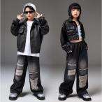秋冬子供ダンス衣装 新作ヒップホップジャズダンス服 レザージャケット 防風 pu 革ブルゾン ライダース ダメージ加工ジーンズ 女の子/男の子カジュアルhi