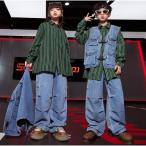 デニムベスト ジーンズ 子供 ヒップホップ ジャズ ダンス衣装 長袖 ストライプ柄 緑色シャツ キッズ カジュアル服 ゆったり 男女兼用 おしゃれ デニム 舞台衣装