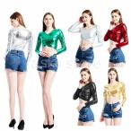 ショッピングダンス ダンストップス ステージ衣装 全6色 メタリック レディース 長袖 Vネック へそ出し エナメル ジャズダンス ヒップホップ ダンス衣装 ピカピカ ダンスウェア アイ