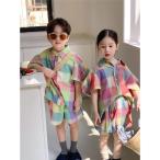韓国子供服 セットアップ 女の子 男の子 チェック柄 シャツ ショートパンツ 兄妹お揃い ベビー 夏服 アロハシャツ ビーチウエア 旅行 おしゃれ 可愛い 上下セッ