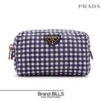 PRADA プラダ ポーチ 小物入れ 化粧ポーチ キャンバス ギンガムチェック トライアングルロゴ ネイビー ホワイト ゴールド金具 1NA021