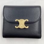 送料無料 中古AB セリーヌ 財布 CELINE トリオンフ スモールフラップウォレット ブラック 三つ折り ゴールド金具 レザー 148845